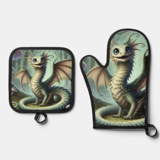 Dragon Jabberwocky Cute Fantasy Creature Art Oven Mitt & Pot Holder Set (Front)
