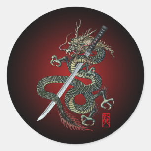 Dragon katana classic round sticker