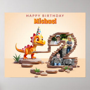 Dragon Little Dino Photo Big Number 2nd Birthday Poster