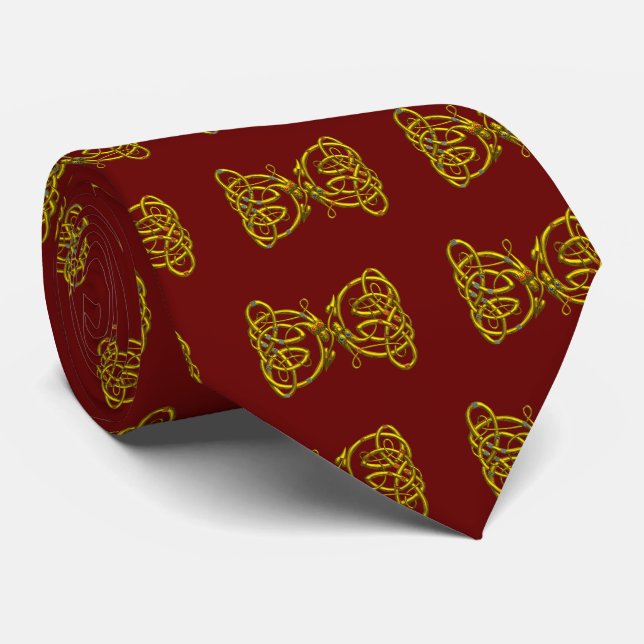 DRAGON LOVE,Gold Celtic Knots,Dragons Red Burgundy Tie (Rolled)