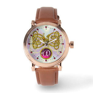 DRAGON LOVE/ GOLD CELTIC KNOTS GEMSTONE MONOGRAM WATCH