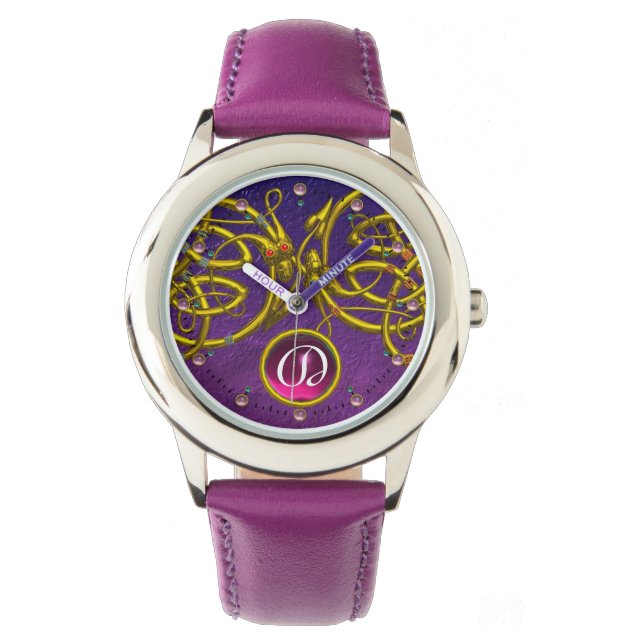 DRAGON LOVE/ GOLD CELTIC KNOTS GEMSTONE MONOGRAM WATCH (Front)