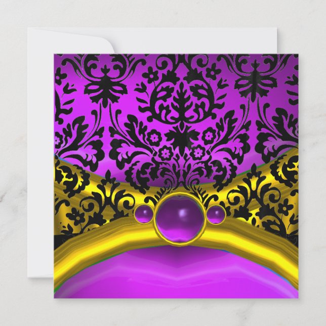 DRAGON LOVE GOLD PURPLE BLACK DAMASK MONOGRAM INVITATION (Front)