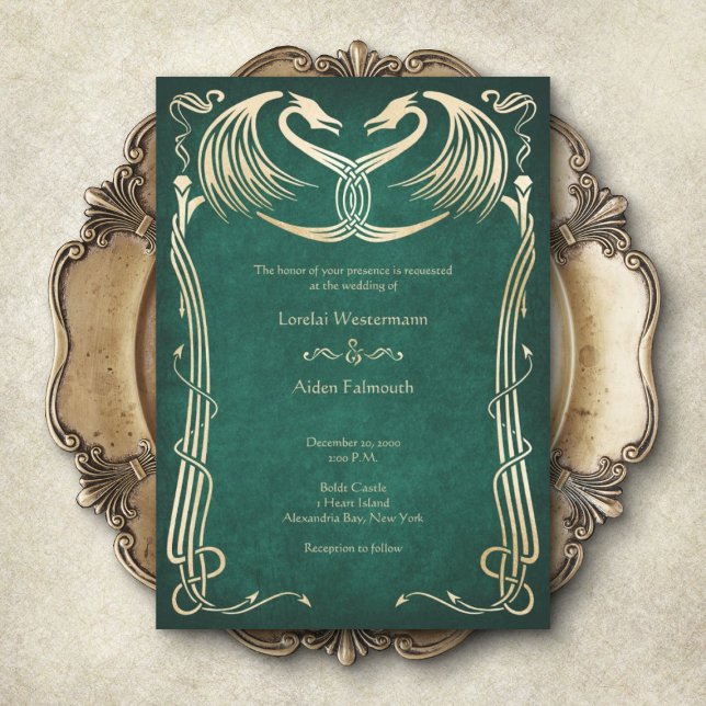 Dragon Medieval Epic Fantasy Green Celtic Wedding Invitation (Creator Uploaded)