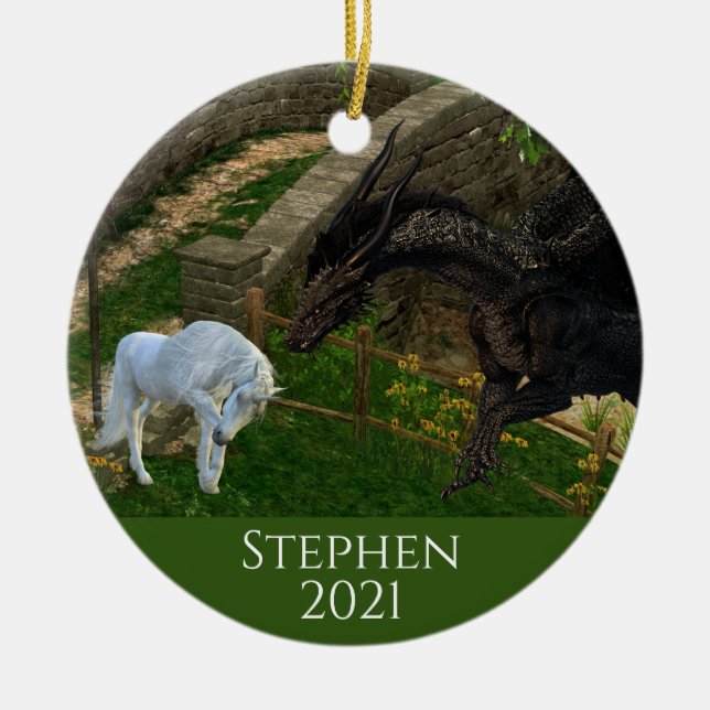 Dragon Meets Unicorn Fantasy Ceramic Ornament (Front)