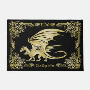 Dragon Monogram Gold Frame Traditional Book Cover Doormat