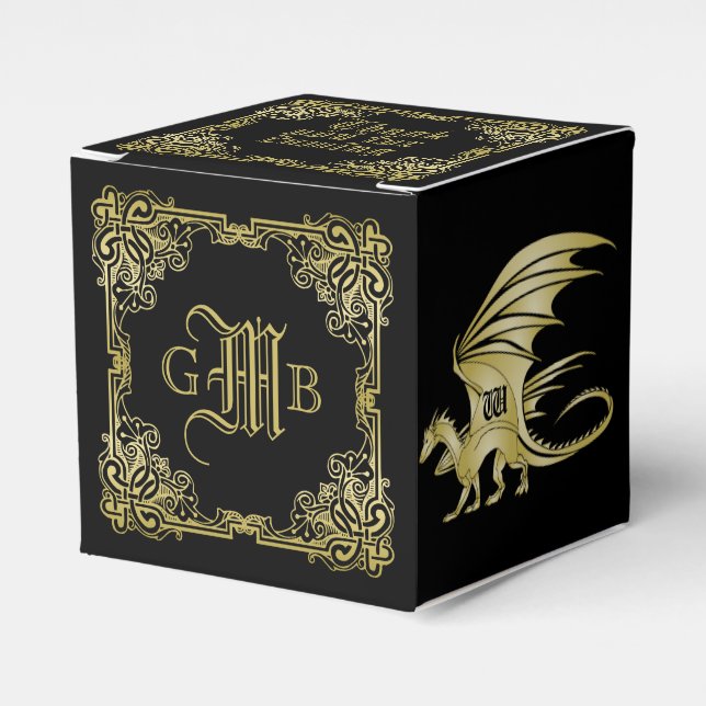 Dragon Monogram Gold Frame Traditional Book Cover Favor Box (Front Side)