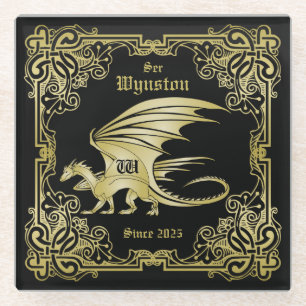Dragon Monogram Gold Frame Traditional Book Cover Glass Coaster