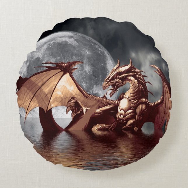 Dragon & Moon Fantasy Mythical Round Pillow (Front)
