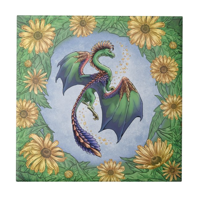 "Dragon of Summer" Flowers and Leaves Fantasy Art Tile (Front)