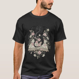 Dragon On Open Book Floral Library Fantasy T-Shirt