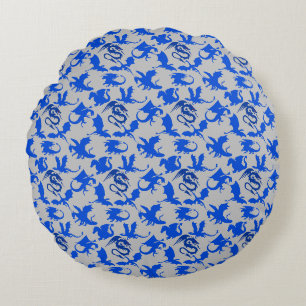 Dragon pattern 02 blue.bwx4 grey BG Round Pillow