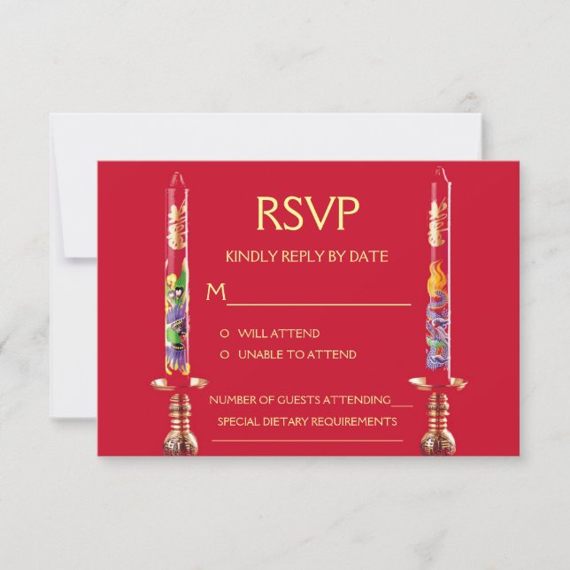 Dragon-Phoenix Red Candles Chinese Wedding RSVP Card (Front)