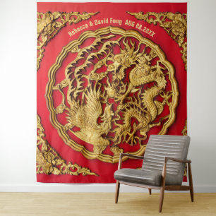 Dragon Phoenix Red Gold Chinese Wedding Backdrop Tapestry