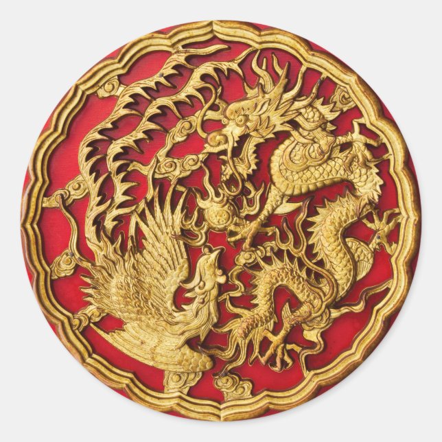 Dragon Phoenix Red Gold Chinese Wedding Favour Classic Round Sticker (Front)