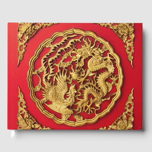 Dragon Phoenix Red Gold Chinese Wedding Favour Guest Book (Front)