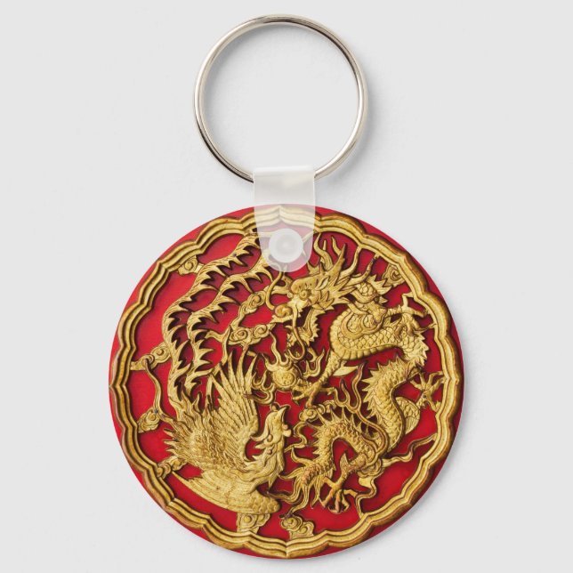 Dragon Phoenix Red Gold Chinese Wedding Favour Keychain (Front)