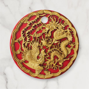 Dragon Phoenix Red Gold Chinese Wedding Favour Tags