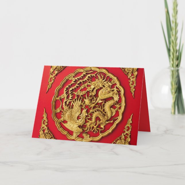Dragon Phoenix Rouge or Mariage chinois Merci (Devant)