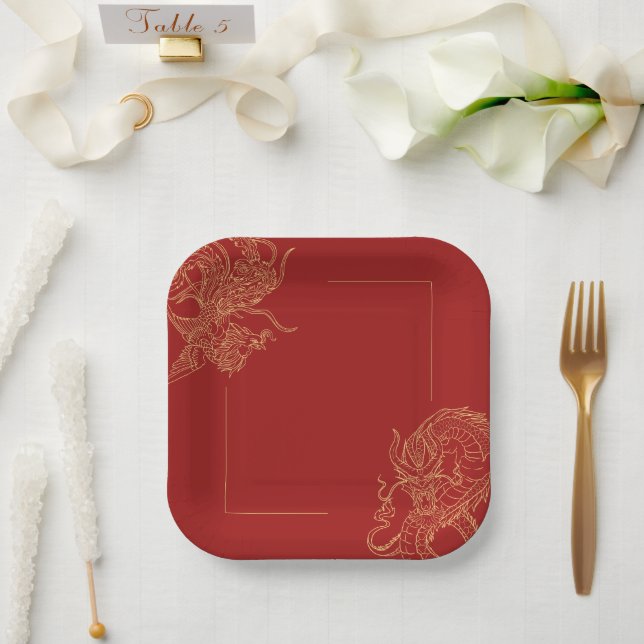 Dragon Phoenix Traditional Red Chinese Wedding  Paper Plate (Wedding)