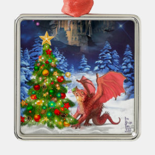 Dragon Pulling on Christmas Tree Metal Ornament