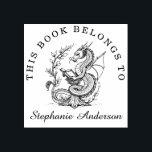 Dragon Reading a Book Library Bookplate Stamp<br><div class="desc">An elegant dragon curls amidst flowing vines and decorative scrollwork,  its sinuous form entwined with ancient books. Ideal for adding a touch of mythic sophistication to your personal library.</div>