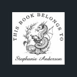 Dragon Reading a Book Library Bookplate Stamp<br><div class="desc">An elegant dragon curls amidst flowing vines and decorative scrollwork,  its sinuous form entwined with ancient books. Ideal for adding a touch of mythic sophistication to your personal library.</div>