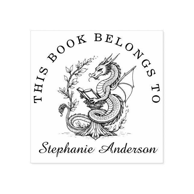 Dragon Reading a Book Library Bookplate Stamp (Imprint)