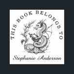 Dragon Reading a Book Library Bookplate Stamp<br><div class="desc">An elegant dragon curls amidst flowing vines and decorative scrollwork,  its sinuous form entwined with ancient books. Ideal for adding a touch of mythic sophistication to your personal library.</div>
