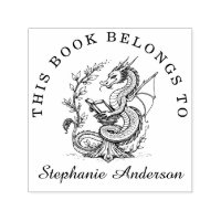 Dragon Reading a Book Library Bookplate Stamp