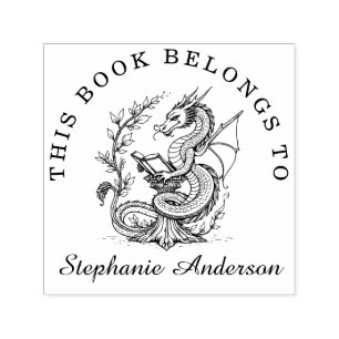 Dragon Reading a Book Library Bookplate Stamp
