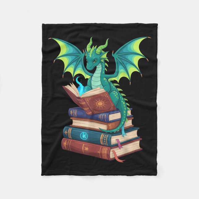 Dragon Reading Books Fantasy Lovers Mythical Creat Fleece Blanket (Front)