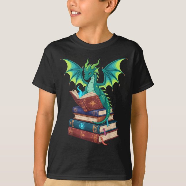 Dragon Reading Books Fantasy Lovers Mythical Creat T-Shirt (Front)