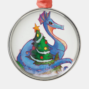 Dragon Round the Christmas Tree Metal Ornament