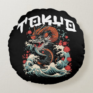 Dragon s Dance Japanese Retro Seascape Round Pillow