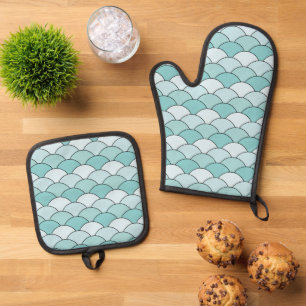 Dragon Scales, Fans, Waves, Seigaiha, Orange Oven Mitt & Pot Holder Set