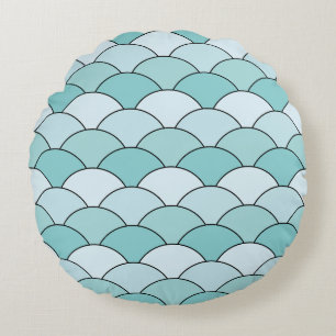 Dragon Scales, Fans, Waves, Seigaiha, Orange Round Pillow