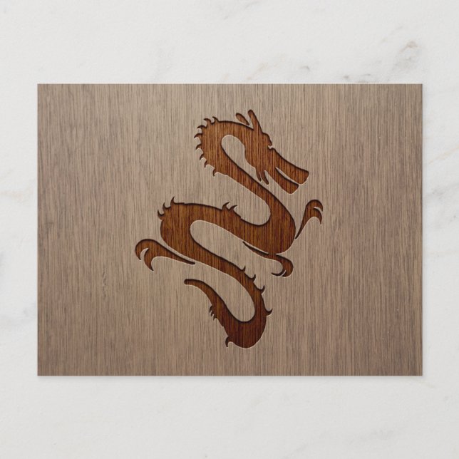 Dragon silhouette engraved on wood design postcard (Front)