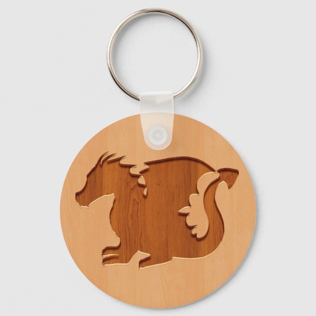 Dragon silhouette engraved on wood effect keychain (Front)
