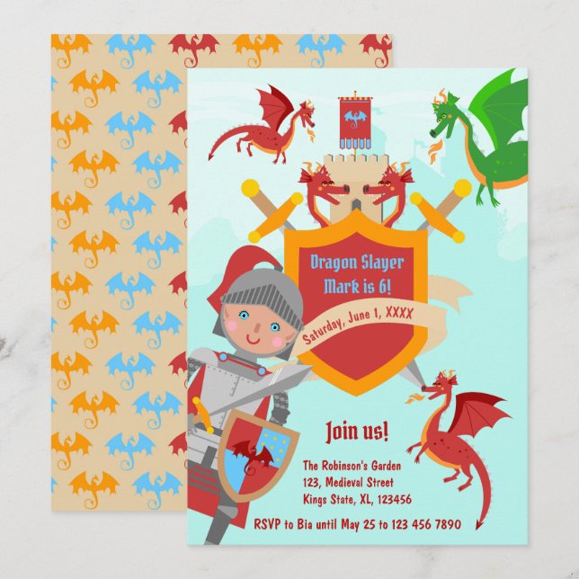 Dragon Slayer Knight Boy Birthday Party Invitation (Front/Back)