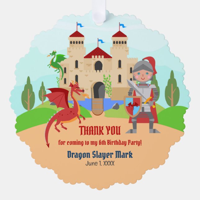 Dragon Slayer Knight Boy Birthday Party Ornament Card (Front)