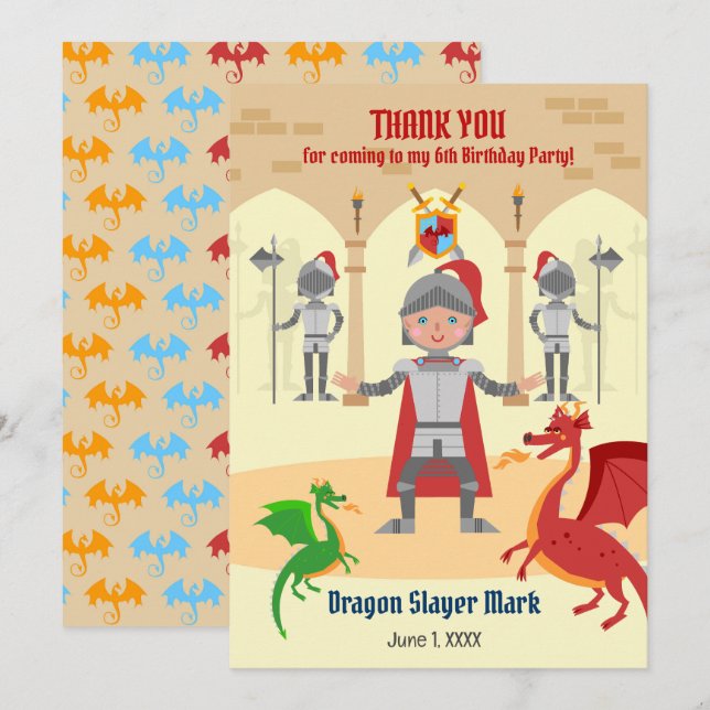 Dragon Slayer Knight Boy Birthday Party Thank You Card (Front/Back)