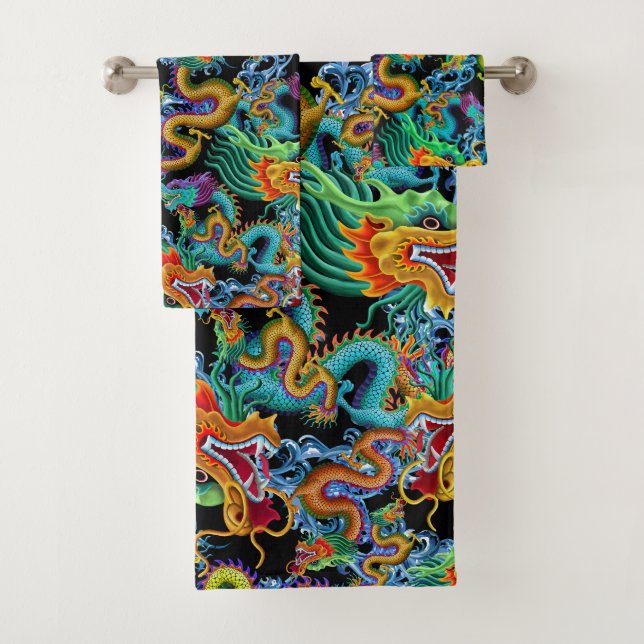 Dragon Storm - Colourful Chinese Dragons Bath Towel Set (Insitu)