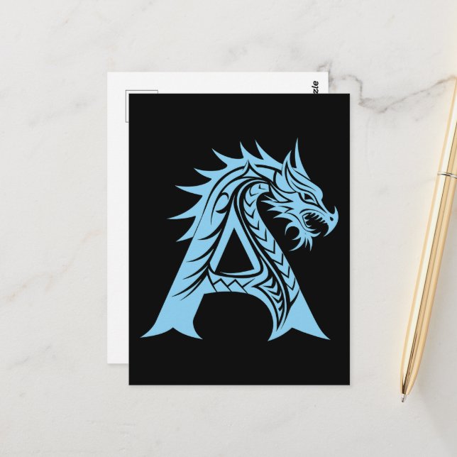 Dragon Styled Letter A, Dragon Alphabet, Monogram Postcard (Front/Back In Situ)