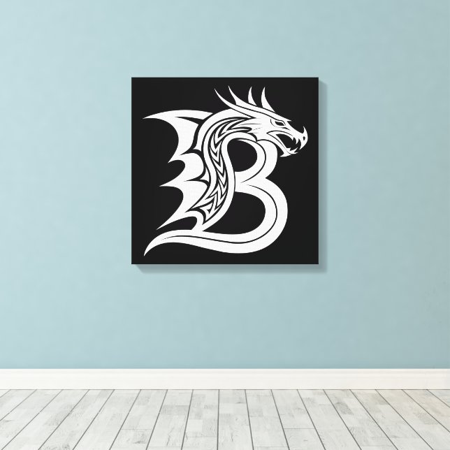 Dragon Styled Letter B, Dragon Alphabet, Monogram Canvas Print (Insitu(Wood Floor))