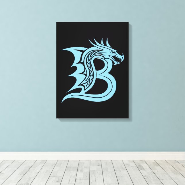 Dragon Styled Letter B, Dragon Alphabet, Monogram Canvas Print (Insitu(Wood Floor))