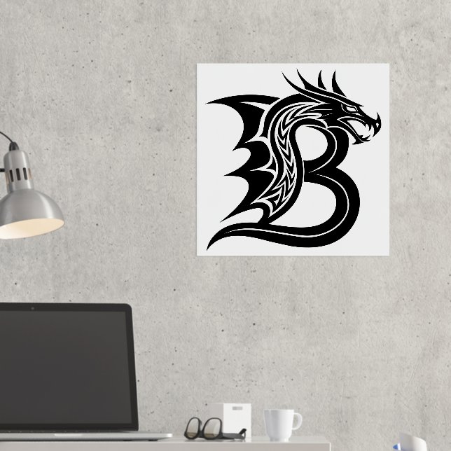 Dragon Styled Letter B, Dragon Alphabet, Monogram Foil Prints (In Situ (Desk 2))