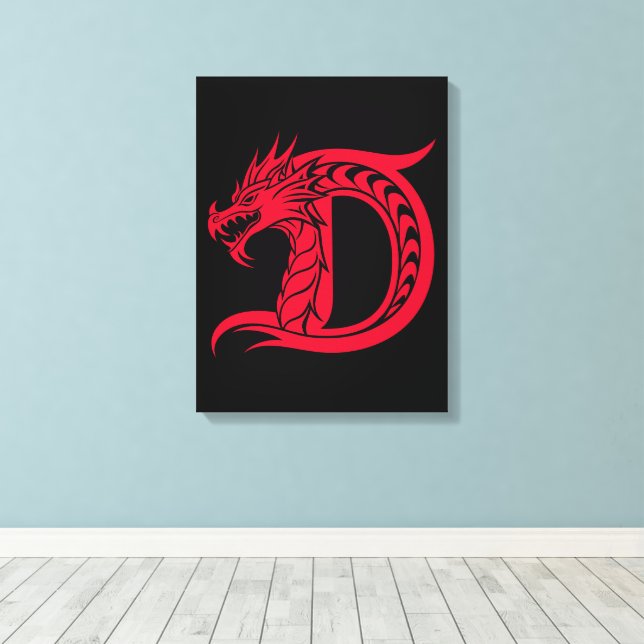 Dragon Styled Letter D, Dragon Alphabet, Monogram Canvas Print (Insitu(Wood Floor))