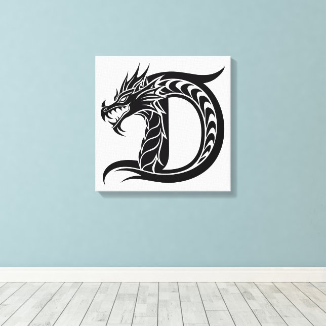 Dragon Styled Letter D, Dragon Alphabet, Monogram Canvas Print (Insitu(Wood Floor))