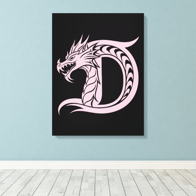 Dragon Styled Letter D, Dragon Alphabet, Monogram Canvas Print (Insitu(Wood Floor))